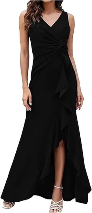 2025 Women's Spring Summer V-Neck Wrap Maxi Dress Sleeveless Ruched Ruffle Sundress for Wedding Guest, Graduation, Party