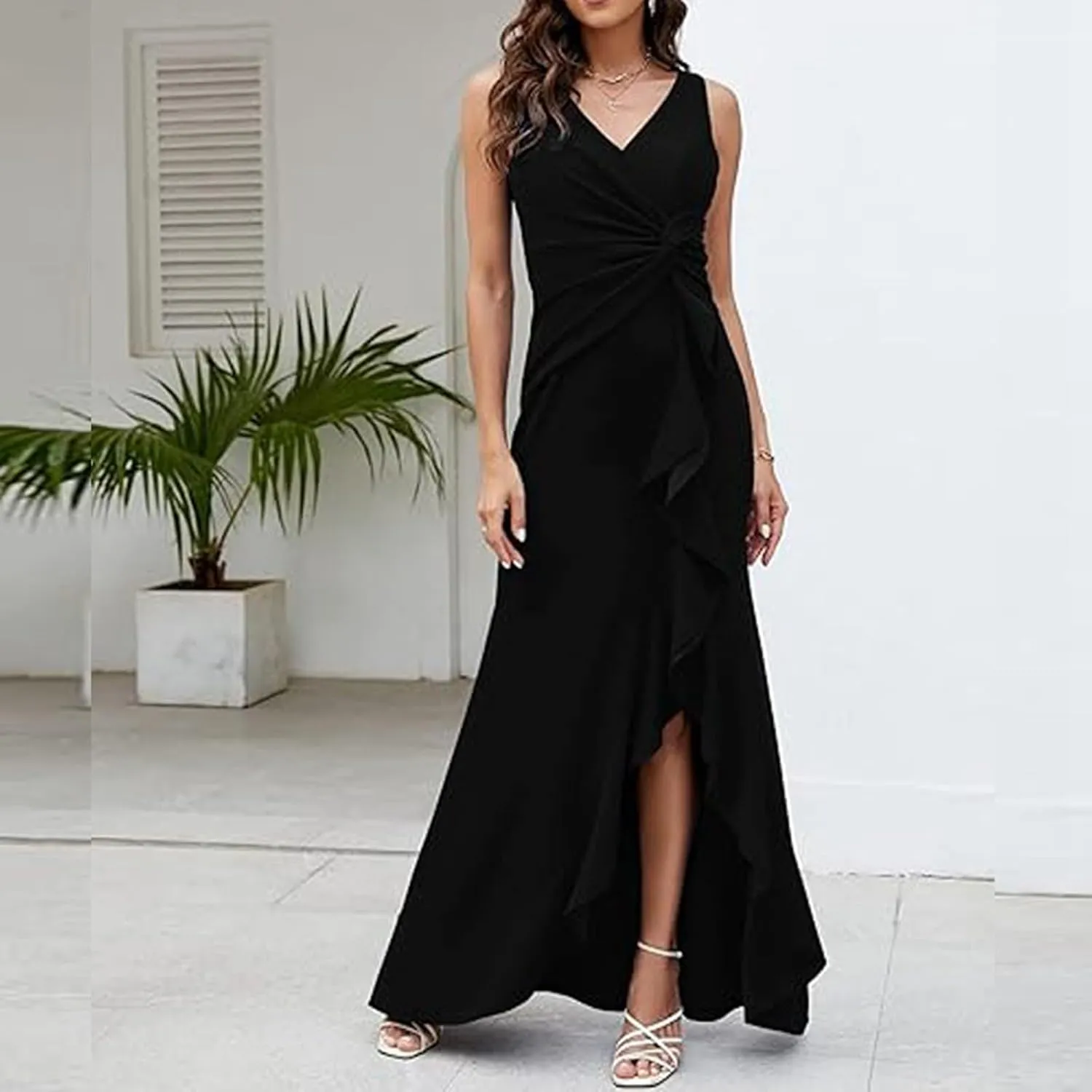 2025 Women's Spring Summer V-Neck Wrap Maxi Dress Sleeveless Ruched Ruffle Sundress for Wedding Guest, Graduation, Party
