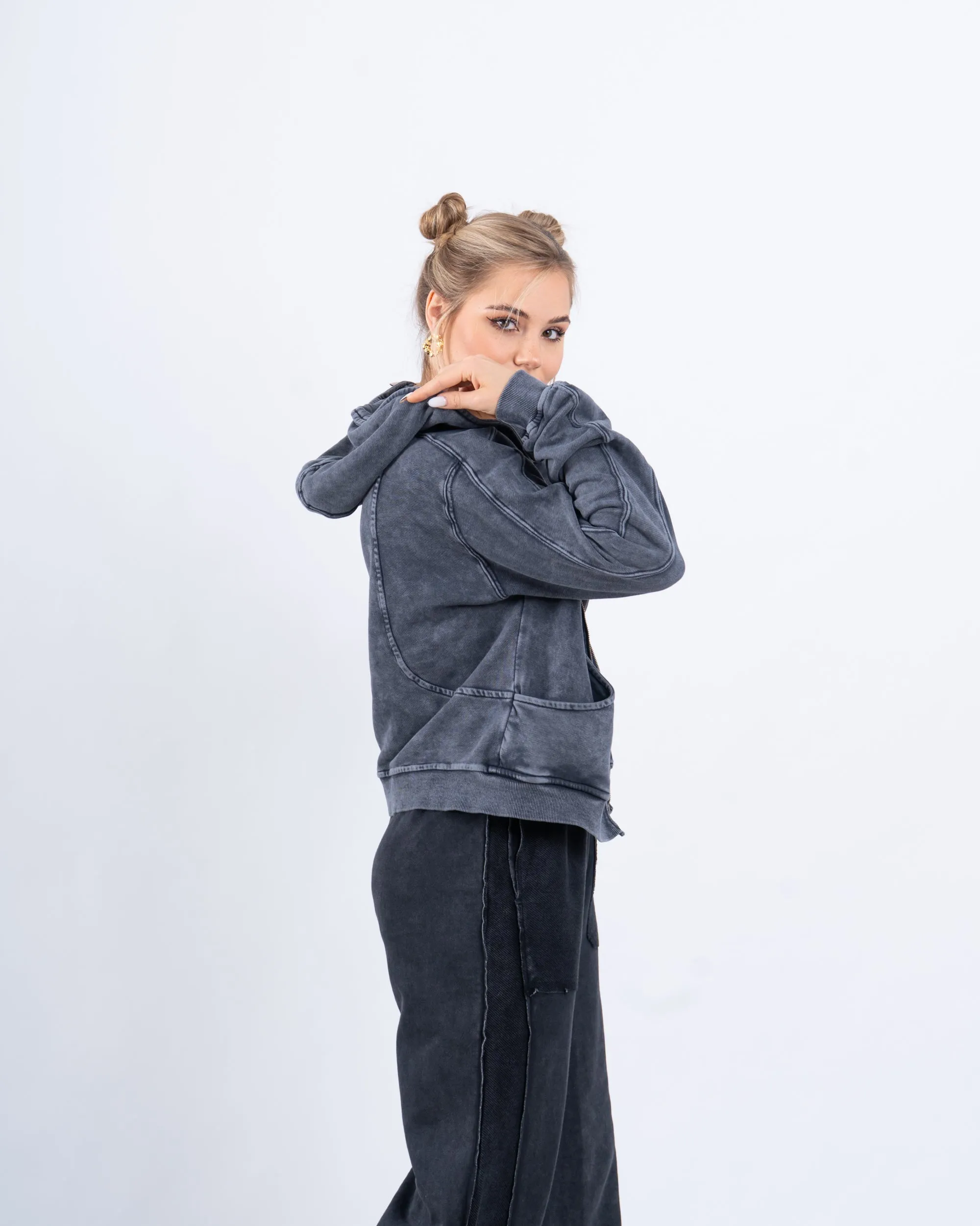 Acid-Wash Zip-Up Hoodie
