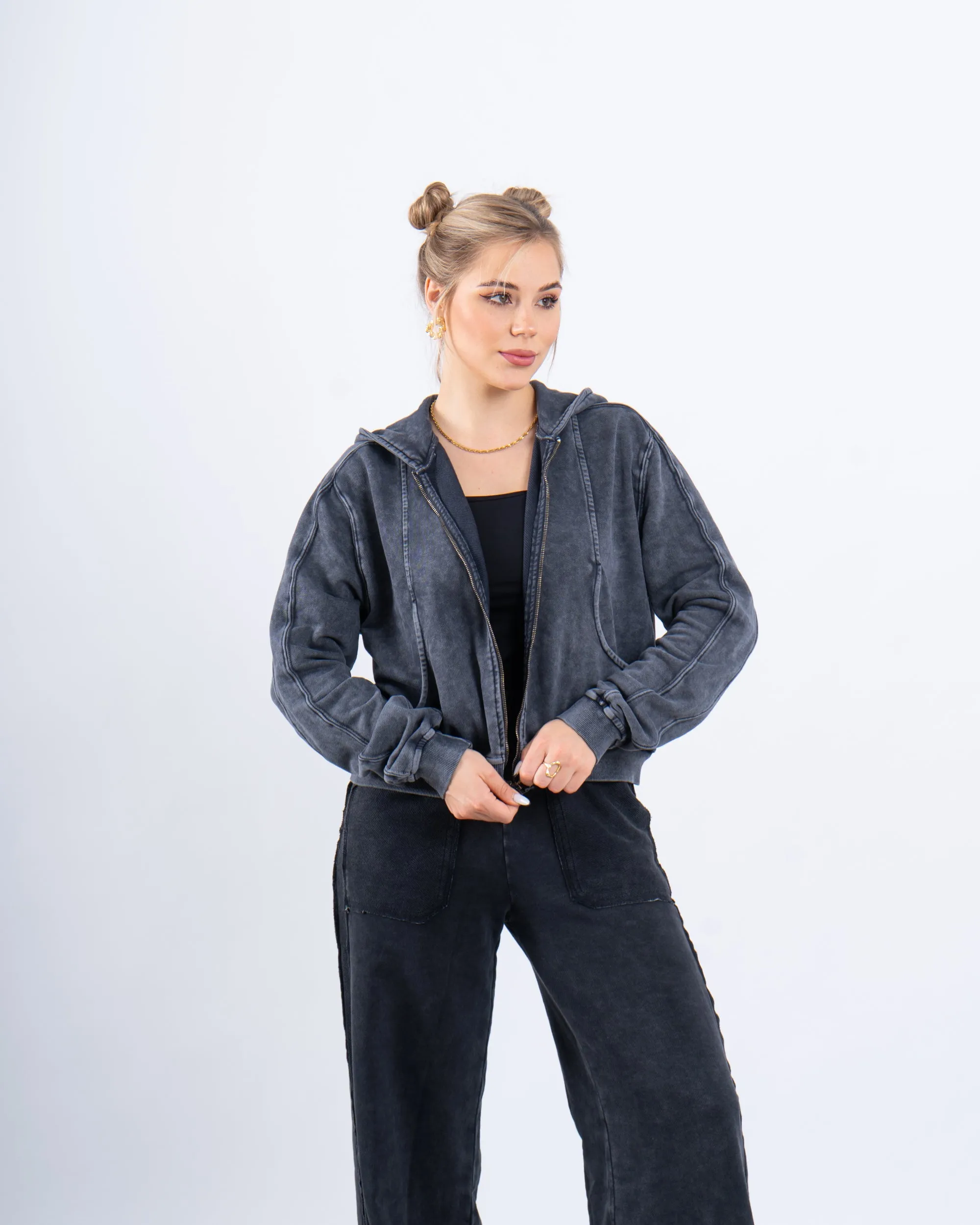 Acid-Wash Zip-Up Hoodie