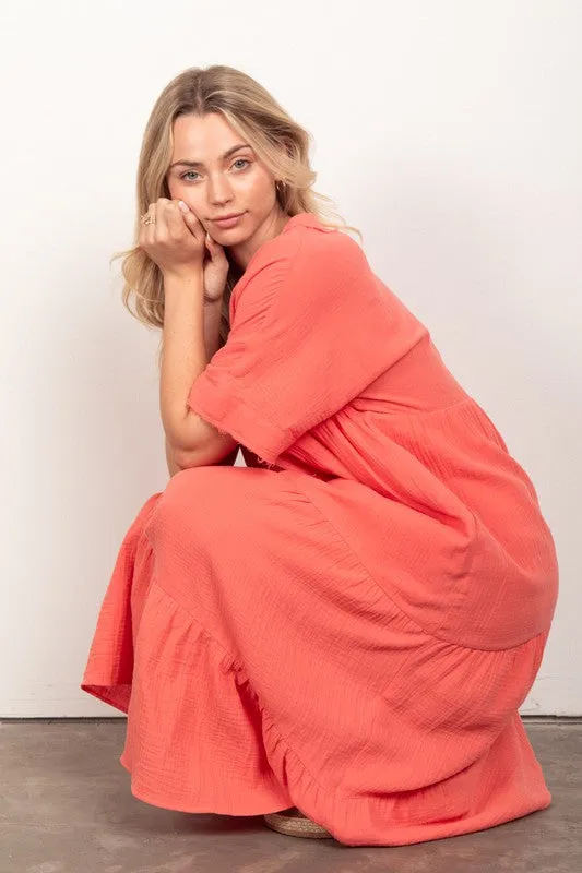 Apricot Frayed Detail Soft Crinkle Gauze Midi Dress