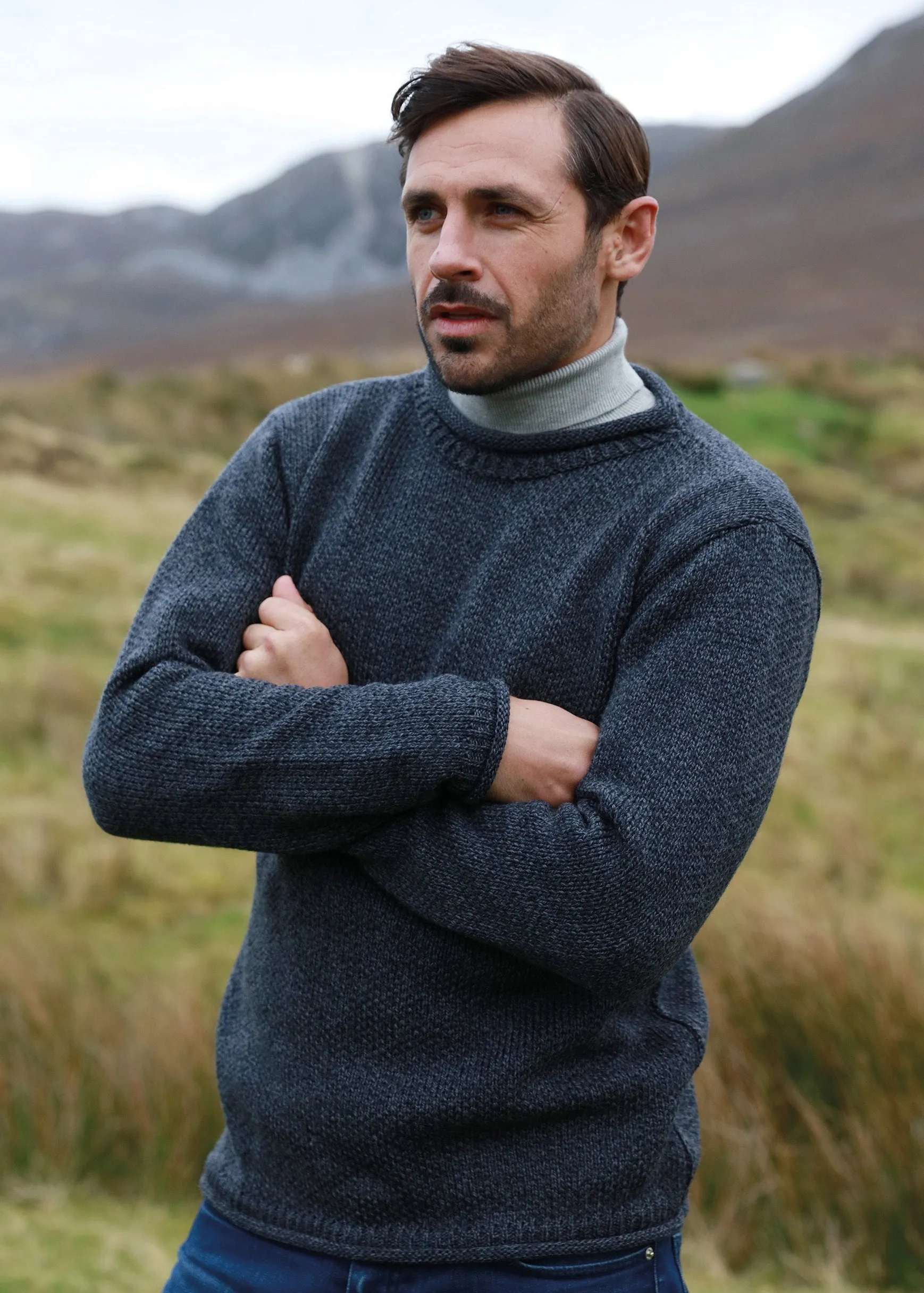 Aran Roll Neck Sweater | Charcoal