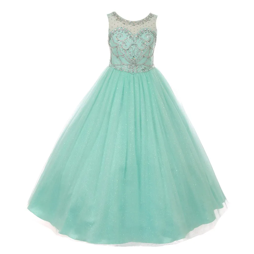 Big Girls Mint Crystal Beading Glitter Tulle Floor Length Pageant Dress 8-16