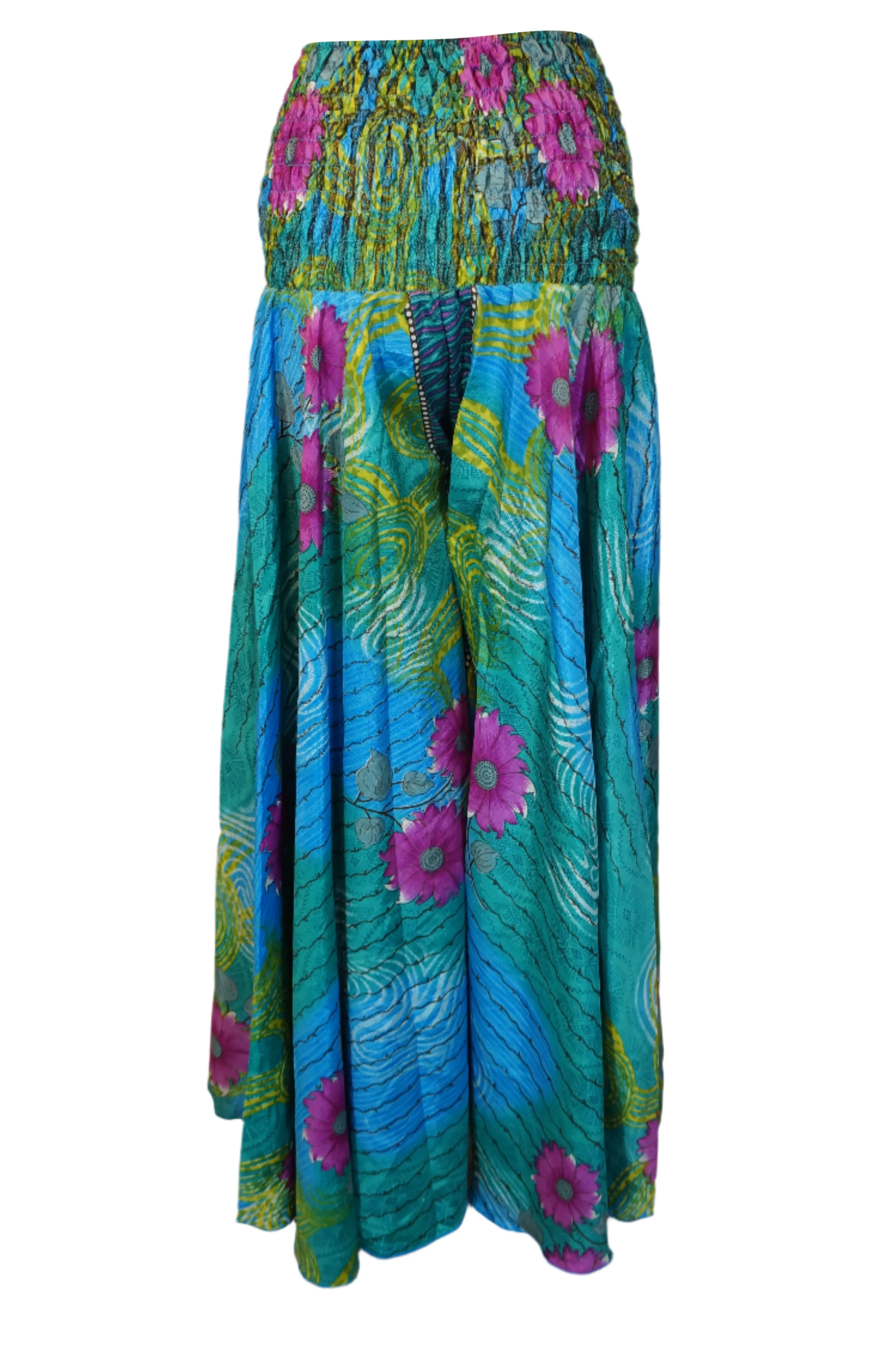 Boho Chic Cerulean Blue & Pink Floral Wide-Leg Pants – Flowy Skirt-Inspired Elegance SM
