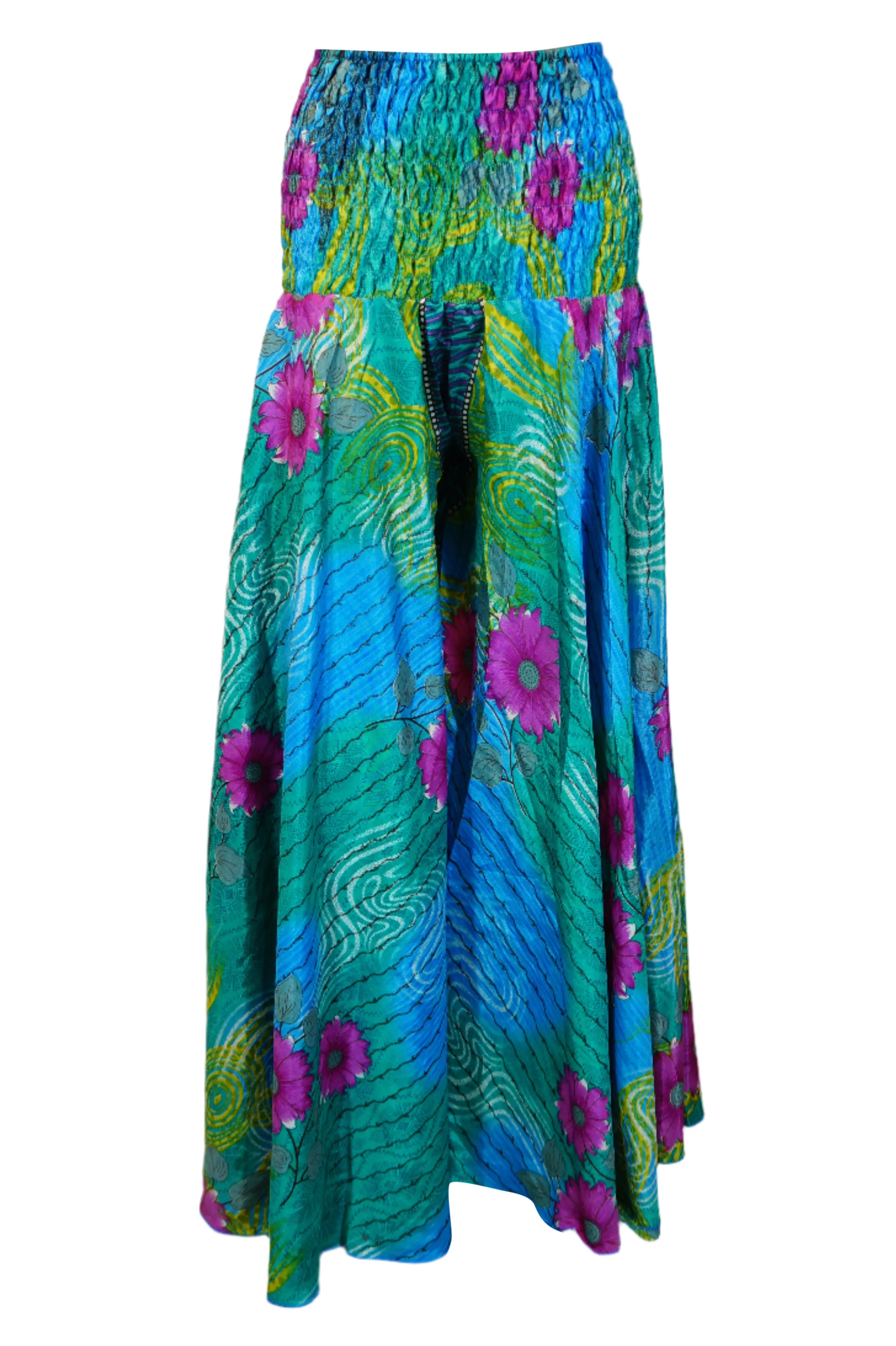 Boho Chic Cerulean Blue & Pink Floral Wide-Leg Pants – Flowy Skirt-Inspired Elegance SM