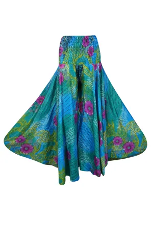Boho Chic Cerulean Blue & Pink Floral Wide-Leg Pants – Flowy Skirt-Inspired Elegance SM