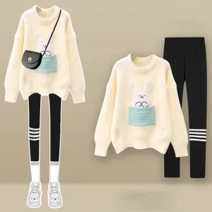 Bunny Embroidery Knit Sweater Plush Pants Set