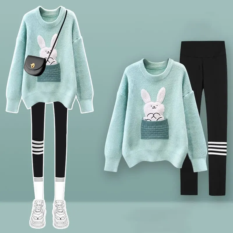 Bunny Embroidery Knit Sweater Plush Pants Set