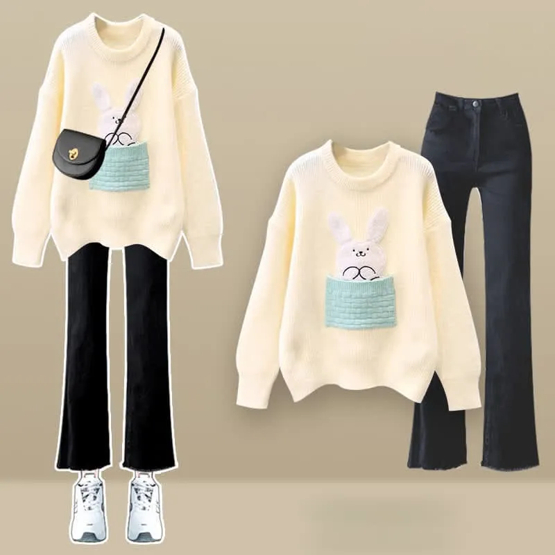 Bunny Embroidery Knit Sweater Plush Pants Set