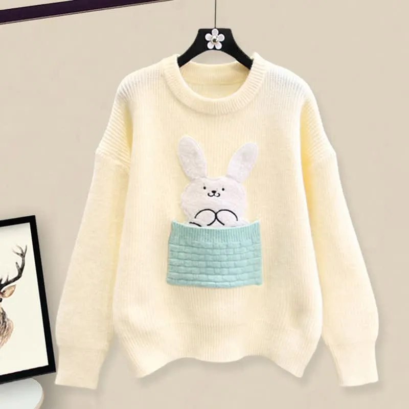Bunny Embroidery Knit Sweater Plush Pants Set