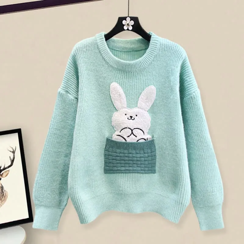 Bunny Embroidery Knit Sweater Plush Pants Set