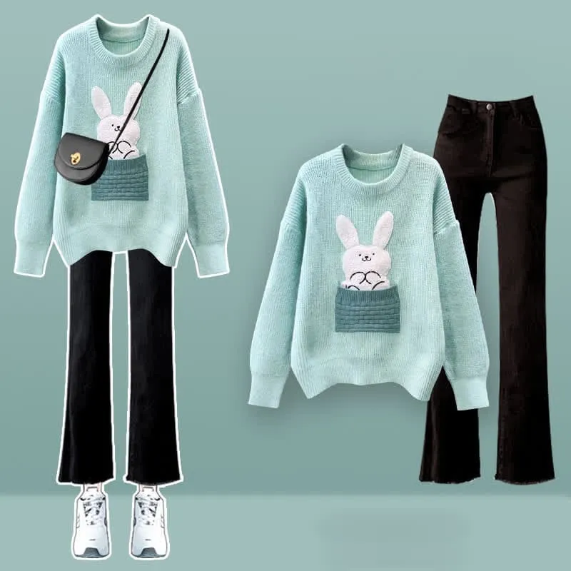 Bunny Embroidery Knit Sweater Plush Pants Set