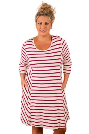 Burgundy White Stripes Relaxed Curvy Dress