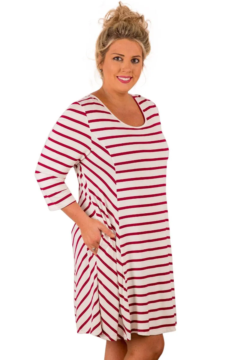Burgundy White Stripes Relaxed Curvy Dress