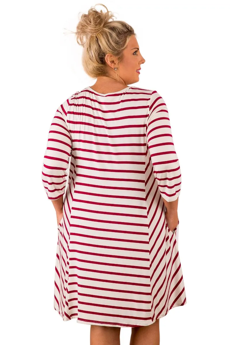 Burgundy White Stripes Relaxed Curvy Dress