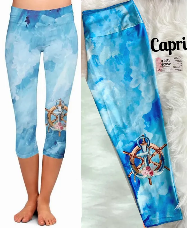 Captains Wheel & Anchor Capri Super SOFT Leggings Cruise Voyage Ship Sail Ocean Sea Aqua Blue OS TC Plus rts Capris