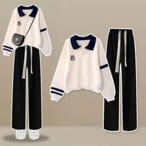 Casual Lapel Stripe Sweater Casual Pants Set