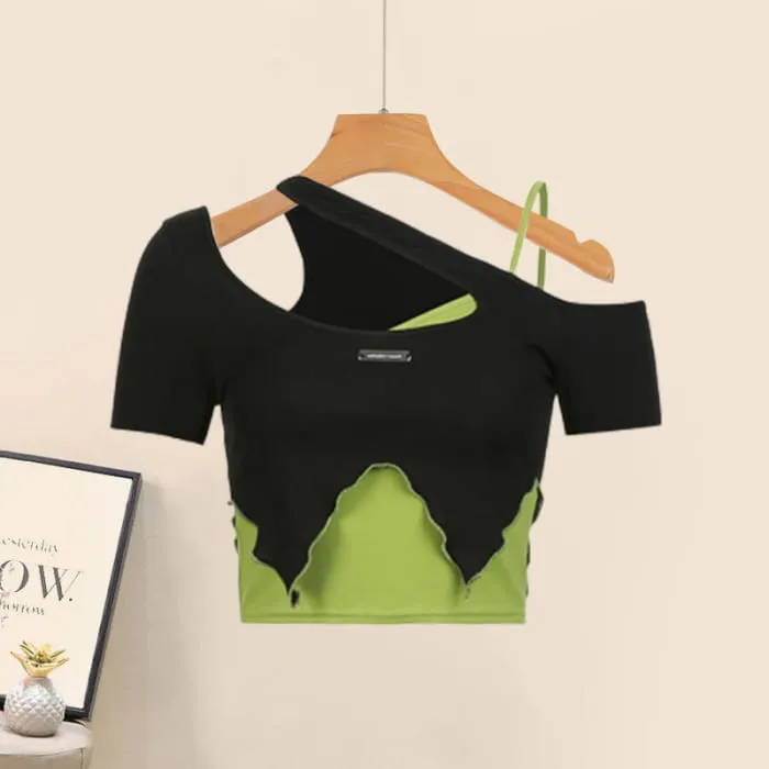 Colorblock Oblique Crop Top Pocketed Cargo Pants