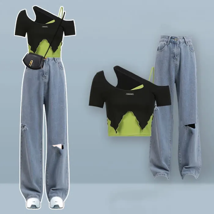 Colorblock Oblique Crop Top Pocketed Cargo Pants