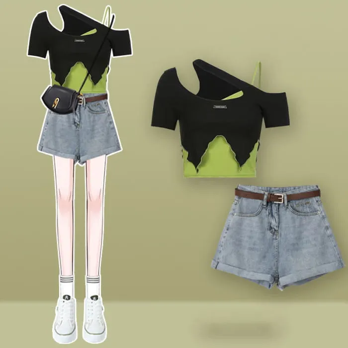 Colorblock Oblique Crop Top Pocketed Cargo Pants