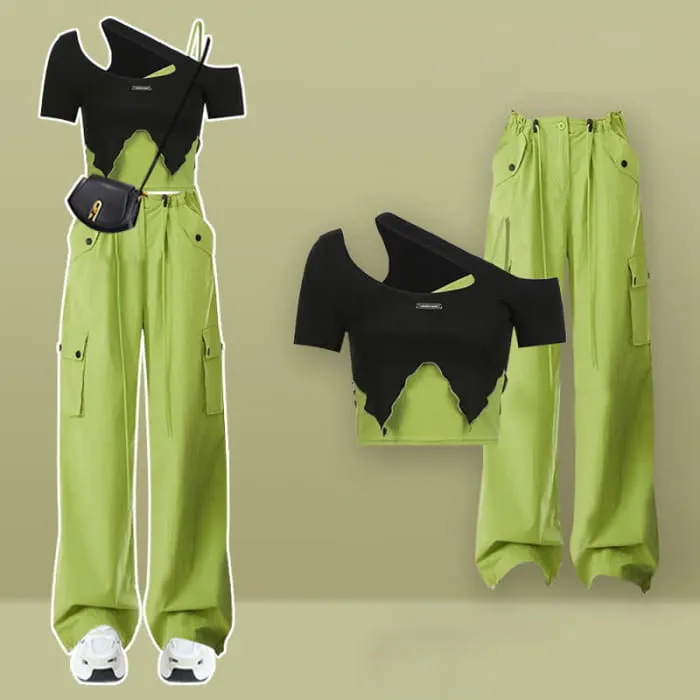 Colorblock Oblique Crop Top Pocketed Cargo Pants