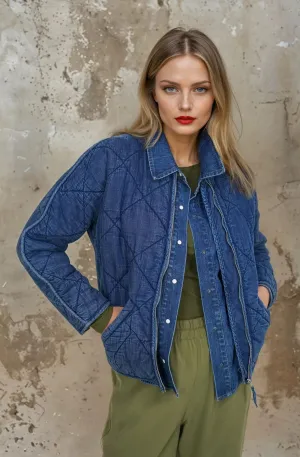 Denim Blue Quilted Bomber Jacket