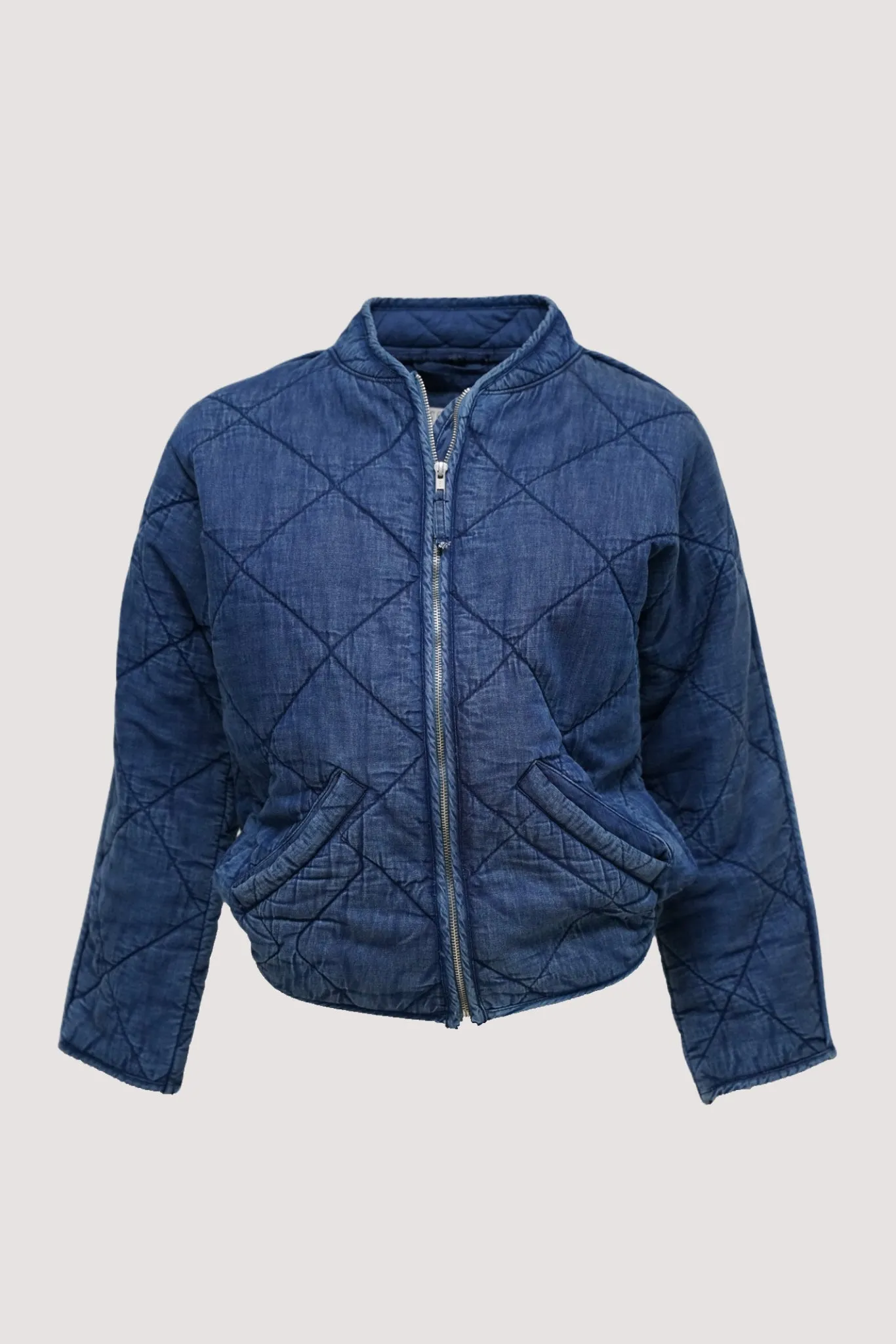 Denim Blue Quilted Bomber Jacket