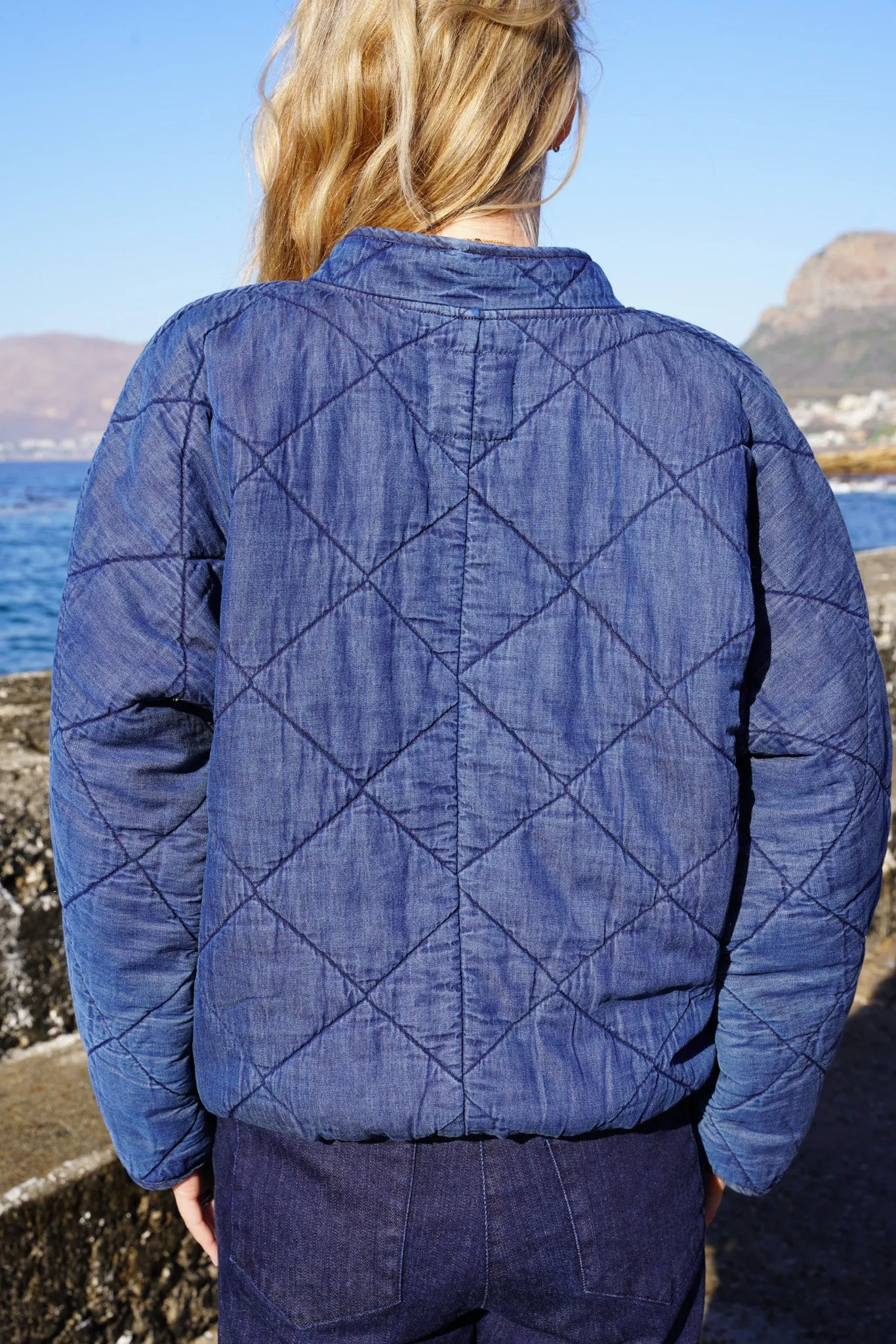 Denim Blue Quilted Bomber Jacket