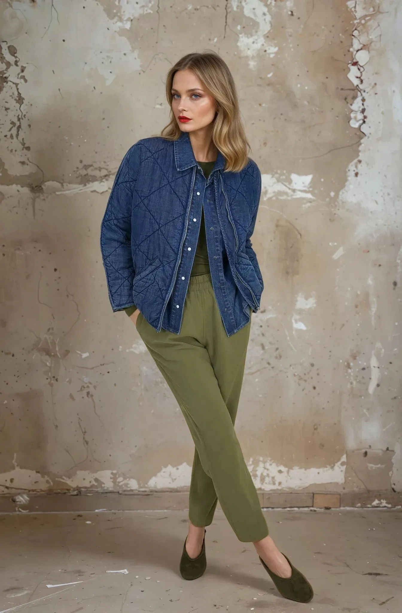 Denim Blue Quilted Bomber Jacket