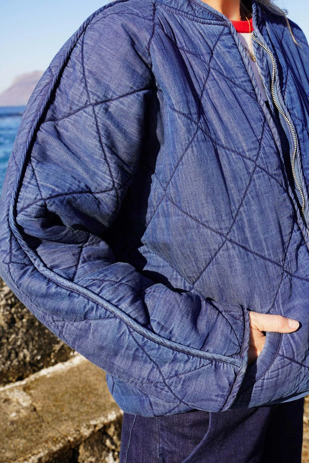 Denim Blue Quilted Bomber Jacket