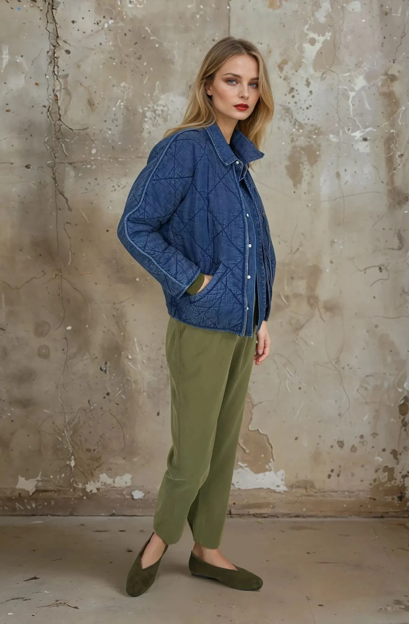 Denim Blue Quilted Bomber Jacket