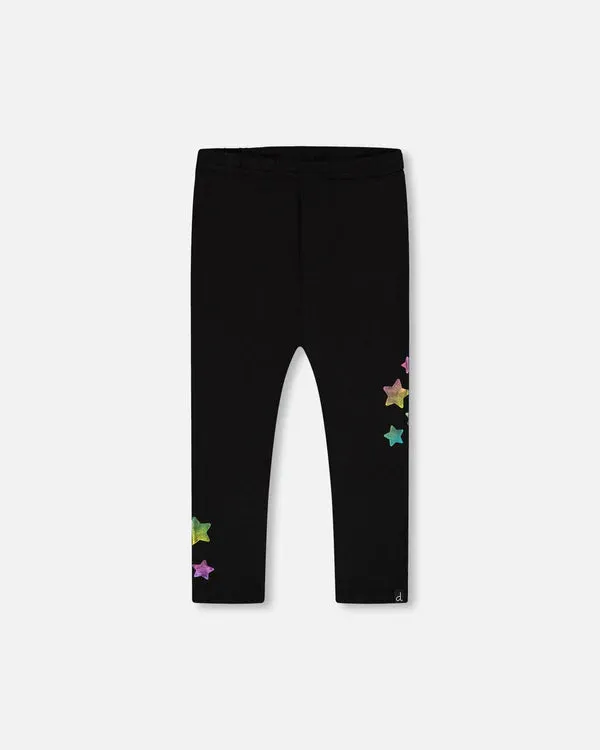Deux Par Deux Black Leggings with Foil Star Detail: Sizes 2 to 10 Years