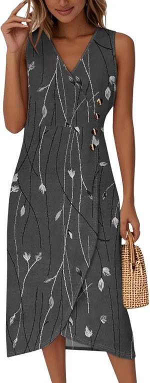 Dresses for Women Summer Elegant Wrap V Neck Sleeveless Floral Boho Dress Ruched Button Bodycon Sexy Midi Sundress