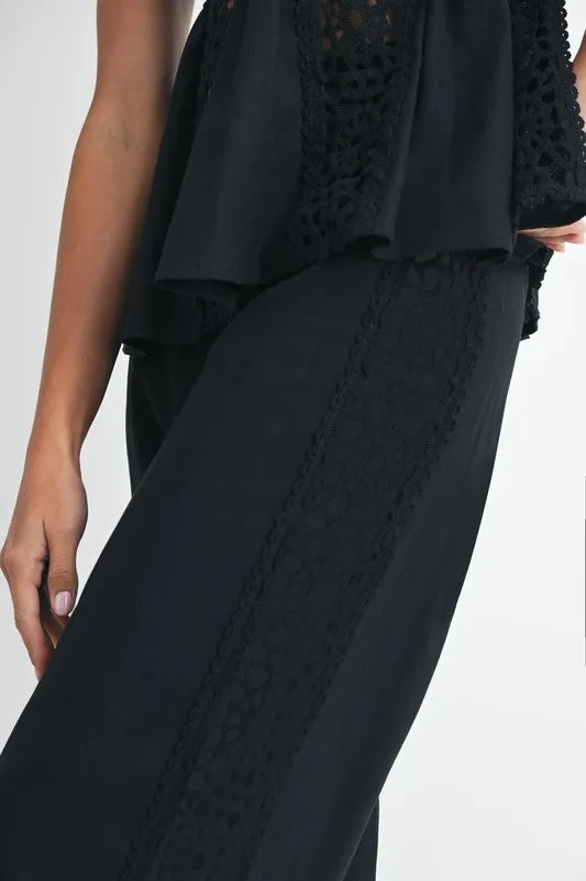 Emerson High Waist Crochet Wide Leg Linen Pants Black