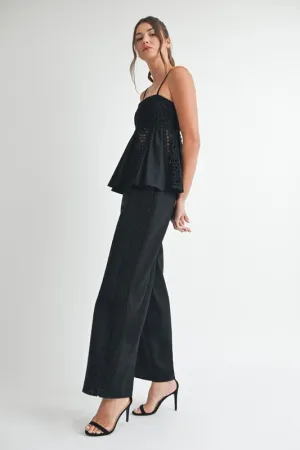 Emerson High Waist Crochet Wide Leg Linen Pants Black