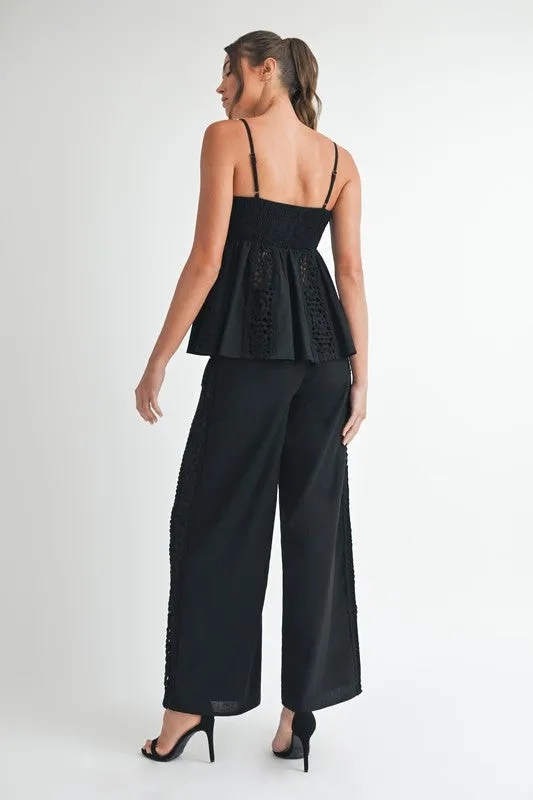 Emerson High Waist Crochet Wide Leg Linen Pants Black
