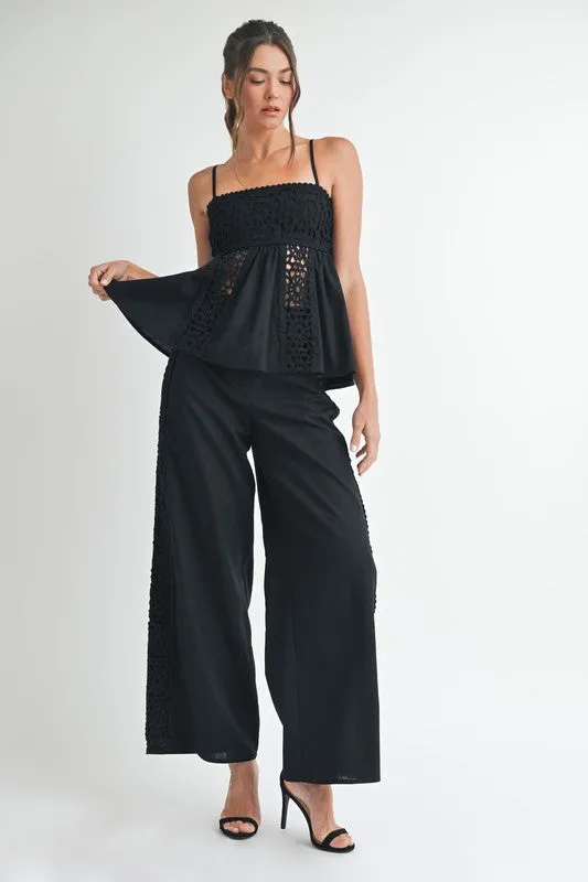 Emerson High Waist Crochet Wide Leg Linen Pants Black
