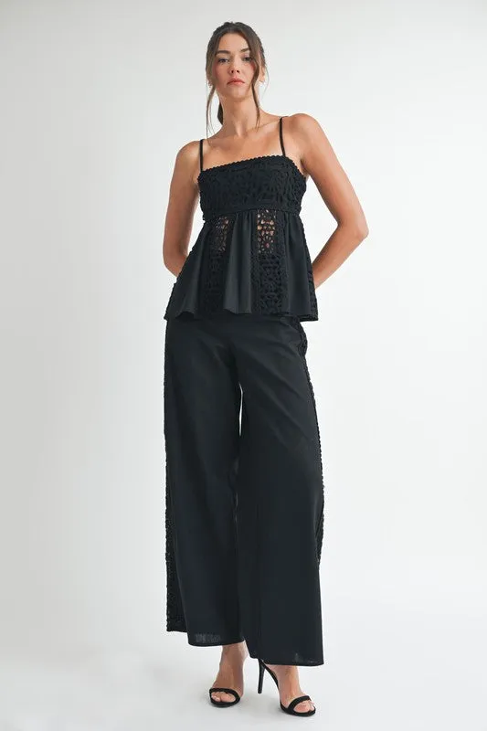 Emerson High Waist Crochet Wide Leg Linen Pants Black