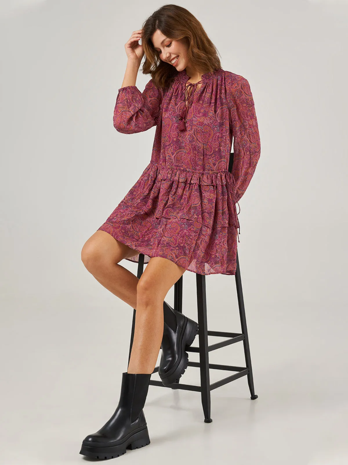 Floral Tie Split Neck Ruffle Tiered Dress