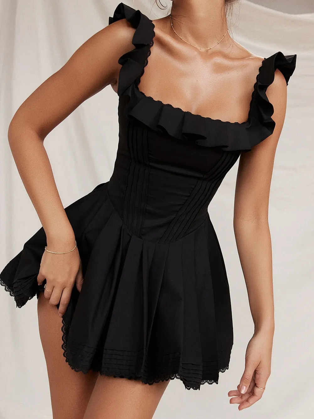 Flytonn- Jemima Black Pin Tuck Pleated Dress