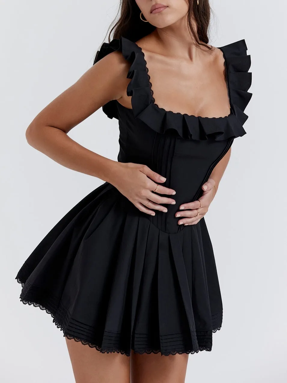 Flytonn- Jemima Black Pin Tuck Pleated Dress