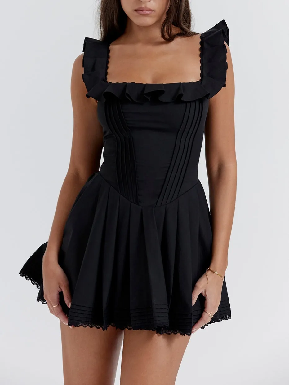 Flytonn- Jemima Black Pin Tuck Pleated Dress