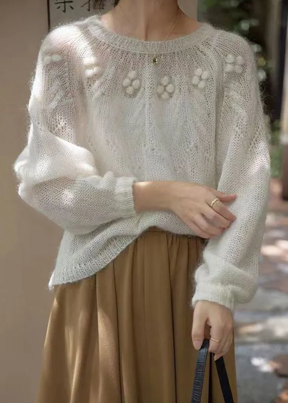 French White O Neck Hollow Out Patchwork Knit Sweaters Long Sleeve TU025
