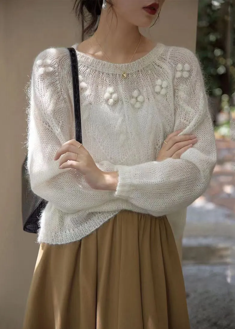 French White O Neck Hollow Out Patchwork Knit Sweaters Long Sleeve TU025