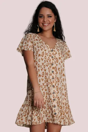Go Girl Cap Sleeve Button Front Dress Jungle Cat Toffee S