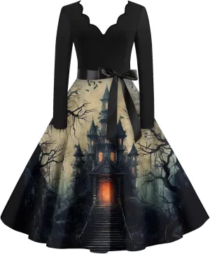 Halloween Dresses for Women V Neck Long Sleeve Fall Costumes 1950s Wrap Plus Size Dresses