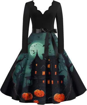 Halloween Dresses for Women V Neck Long Sleeve Fall Costumes 1950s Wrap Plus Size Dresses