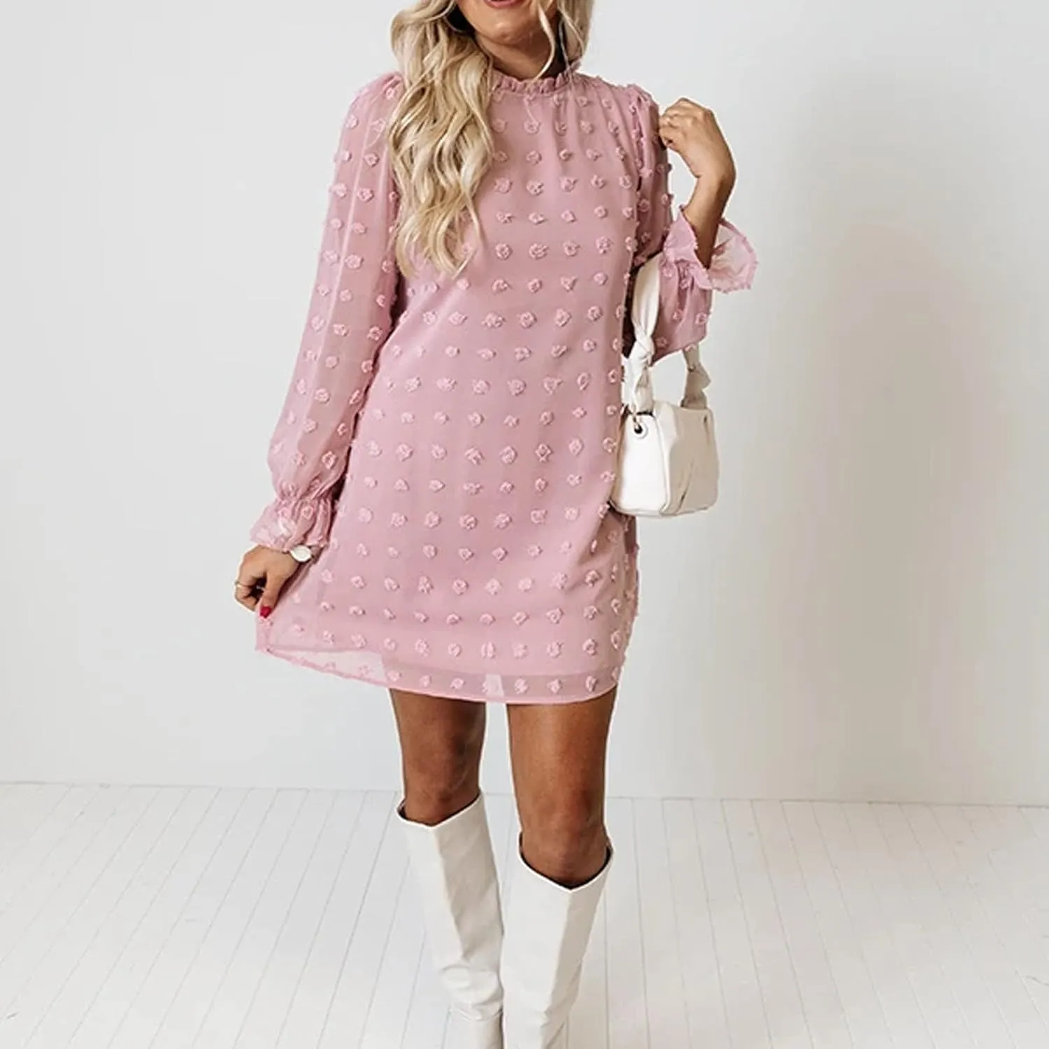 Holiday Dresses for Women Spring Long Sleeve High Neck Swiss Dot Tiered Flowy Tiered Babydoll Shift Mini Dress