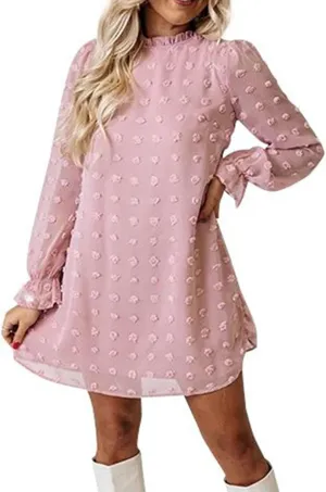 Holiday Dresses for Women Spring Long Sleeve High Neck Swiss Dot Tiered Flowy Tiered Babydoll Shift Mini Dress