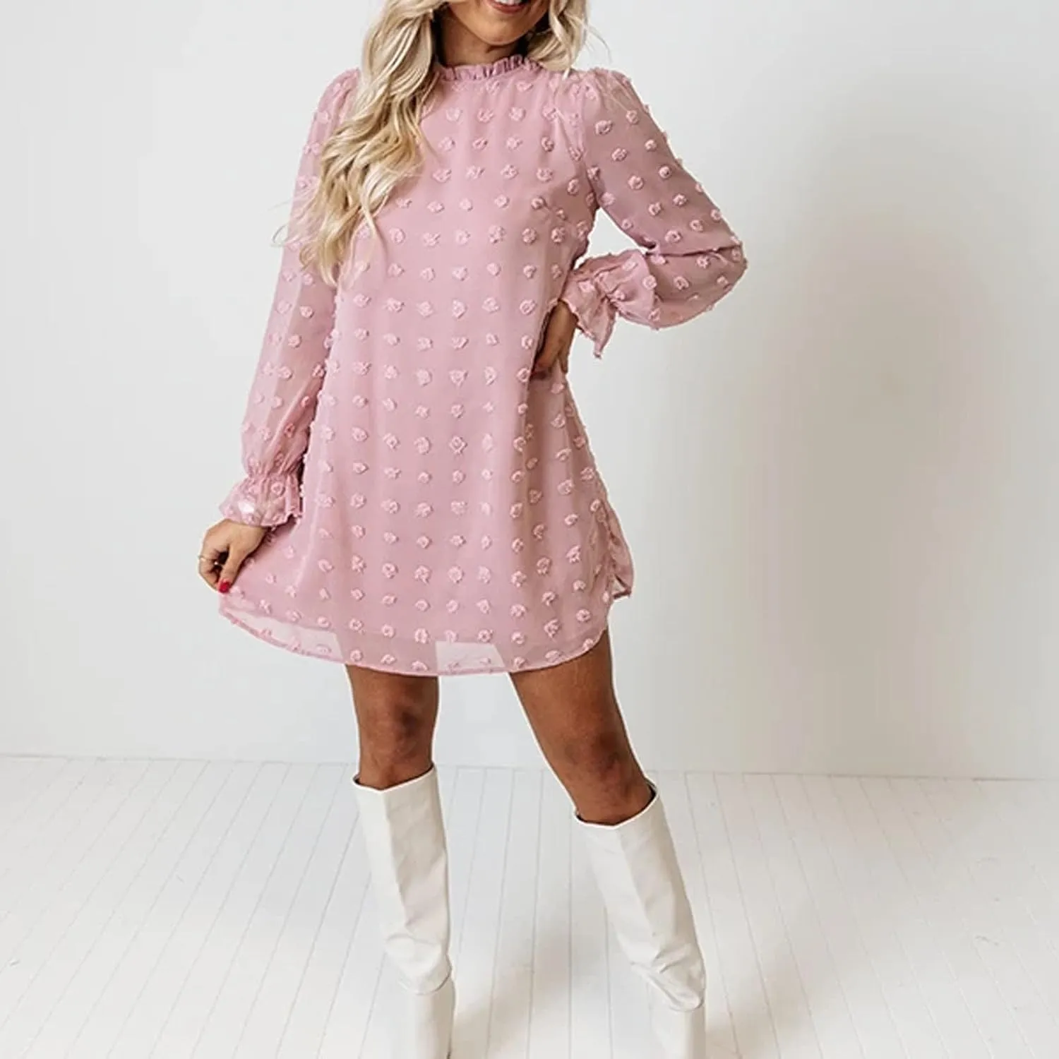 Holiday Dresses for Women Spring Long Sleeve High Neck Swiss Dot Tiered Flowy Tiered Babydoll Shift Mini Dress